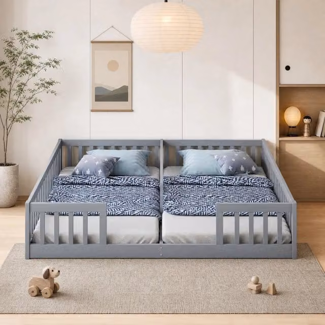 Letto a pannello 90 x 200 cm per bambini con sponde di sicurezza e rete a doghe in pino grigio