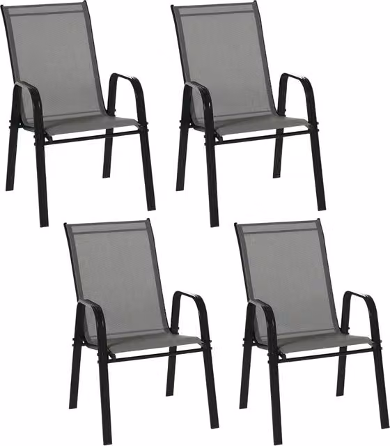 Set 4 Sedie da Giardino Impilabili in Metallo e Tessuto a Rete con Braccioli Salvaspazio per Esterno Balcone Grigio