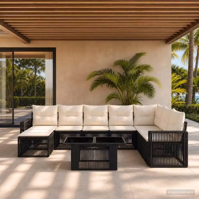 Set Divano da Giardino 9 pz Nero e Bianco Crema polyrattan 3436834