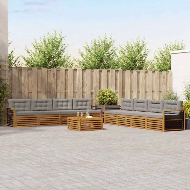 Set di divani da esterno a forma di U vidaXL in legno di acacia con cuscini beige e grigi e tavolino da giardino – 1