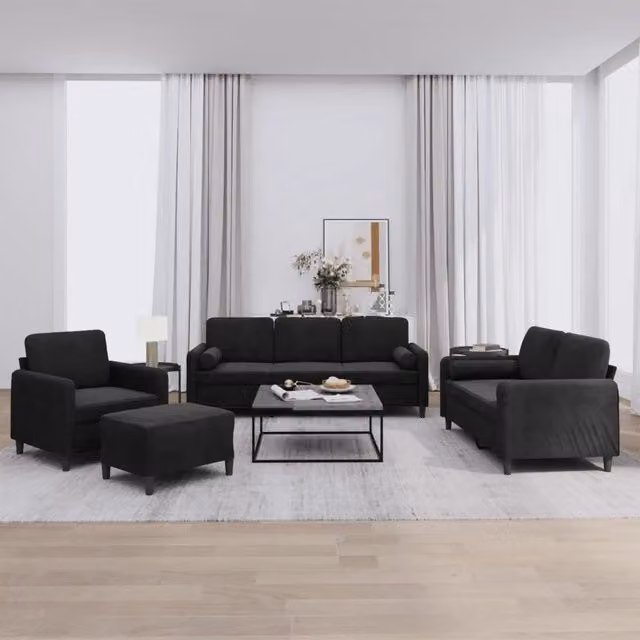 Set di divani moderno vidaXL in velluto nero composto da divano a 3 posti, divano a 2 posti, pouf e cuscini decorativi