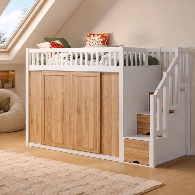 Letto a soppalco singolo con guardaroba e scala contenitore in legno e MDF, stile scandinavo, bianco e beige, L/P/H: 200 x 90 x 251,5 cm