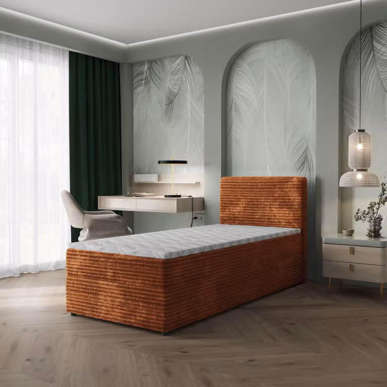 Letto boxspring Masseno PISA 80, 80x200 cm, set completo con materasso Bonell e topper, letto imbottito con cassetti - Marrone, TILIA 52