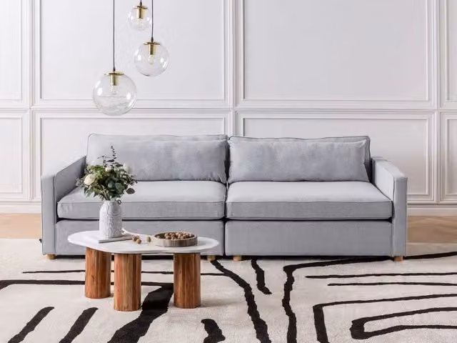 Divano Beliani a 3 posti in tessuto grigio con gambe in legno e coperture rimovibili stile moderno L: 250 cm, P: 91 cm, H: 80 cm