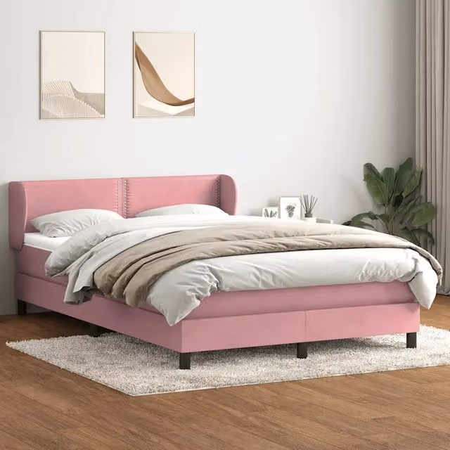 Letto con Giroletto a Molle e Materasso Ibrido vidaXL in Velluto Rosa e Bianco L: 163 cm, P: 213 cm, H: 88 cm