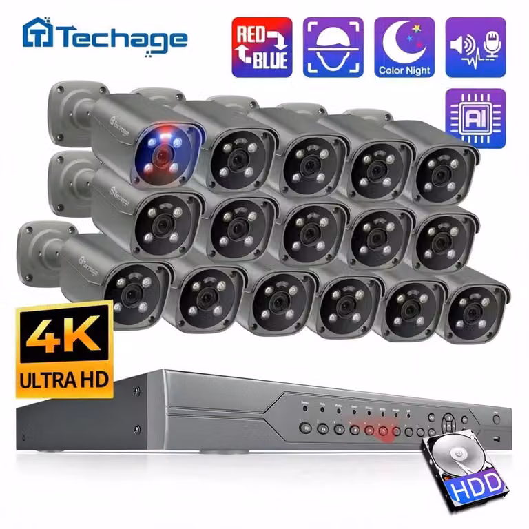 Kit di telecamere di sicurezza a 16 canali - 16 telecamere da 5MP - Rilevamento tramite intelligenza artificiale - Resistente all'acqua - Visione notturna