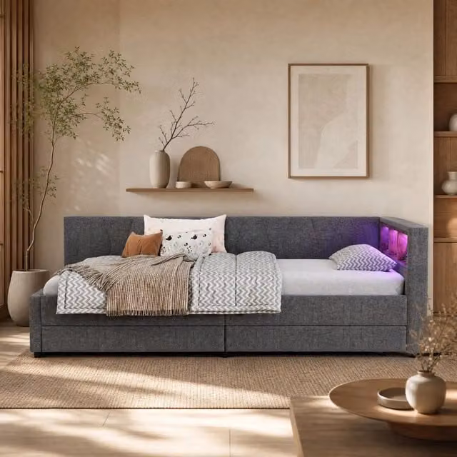 Letto daybed 90x200 cm in lino grigio con 2 cassetti, LED RGB, porte USB e Type-C, con rete a doghe senza materasso