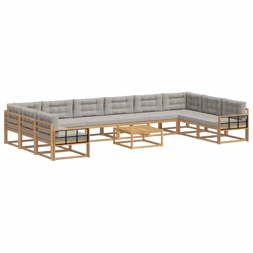 Set di divani da esterno a forma di U vidaXL in legno di acacia con tavolo da caffè, 11 pezzi, Bianco e Grigio – 2