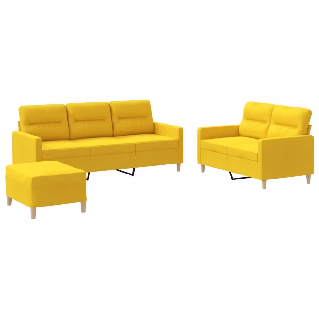Set di Divani vidaXL 3 Pezzi con Pouf e Cuscini in Tessuto Giallo Moderno per Soggiorno – 2