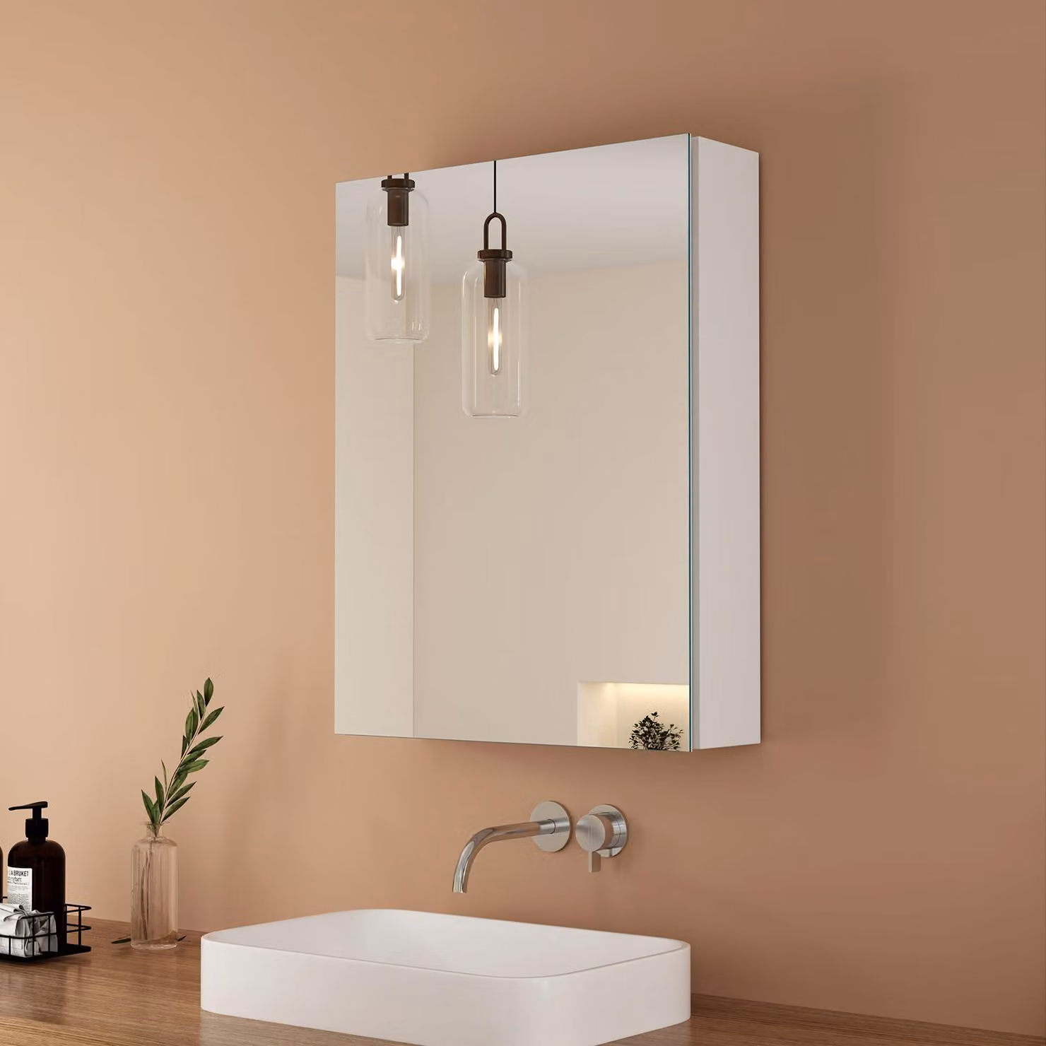 EMKE Armadio a specchio bianco opaco, 50x65x14,5 cm Porta singola in alluminio e ripiano in vetro regolabile Armadio a specchio da bagno con chiusura ammortizzata