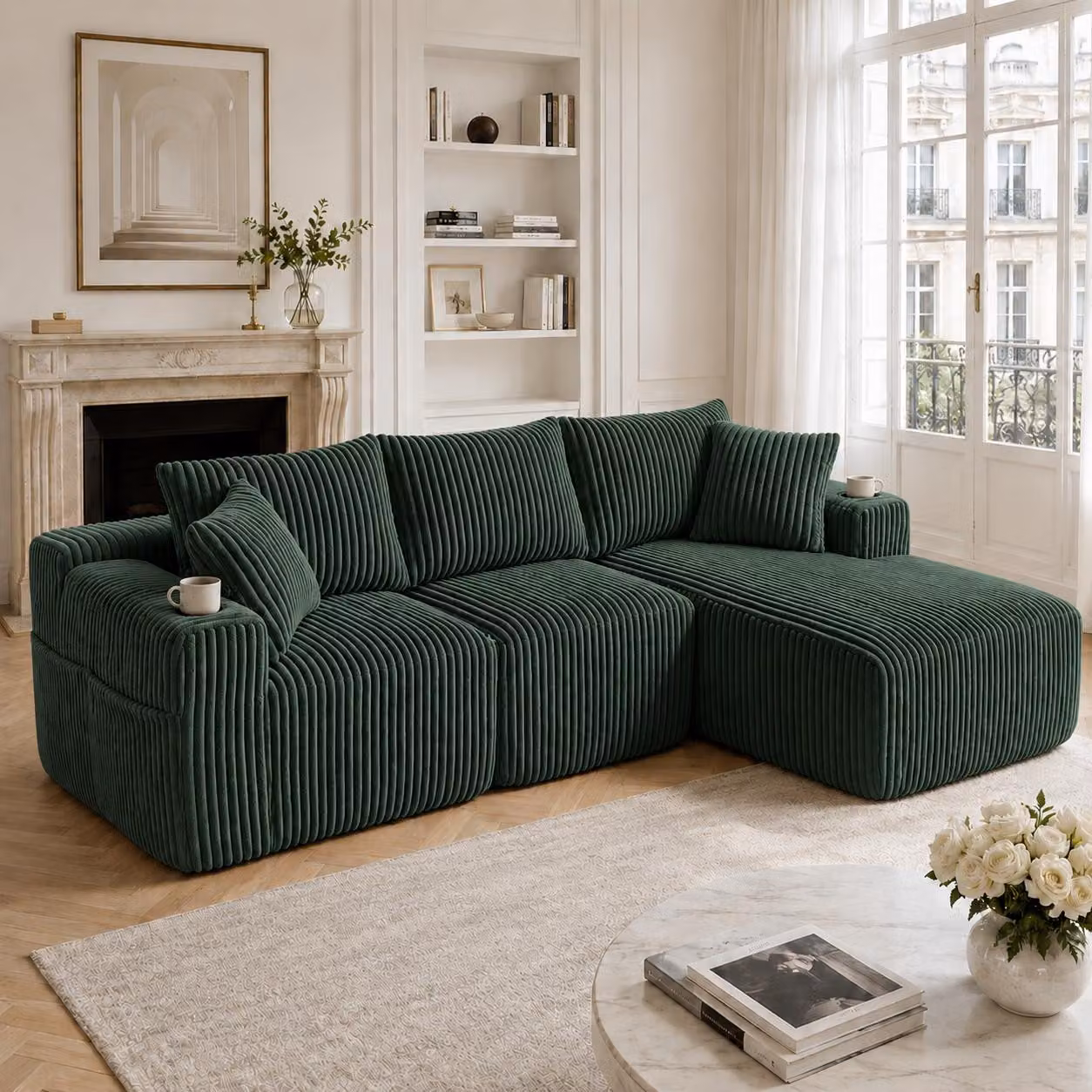 Divano modulare con chaise longue e divanetto a due posti, rivestito in tessuto morbido, completo di 5 cuscini, tasche laterali e portabicchieri, imbottitura in schiuma ad alta densità