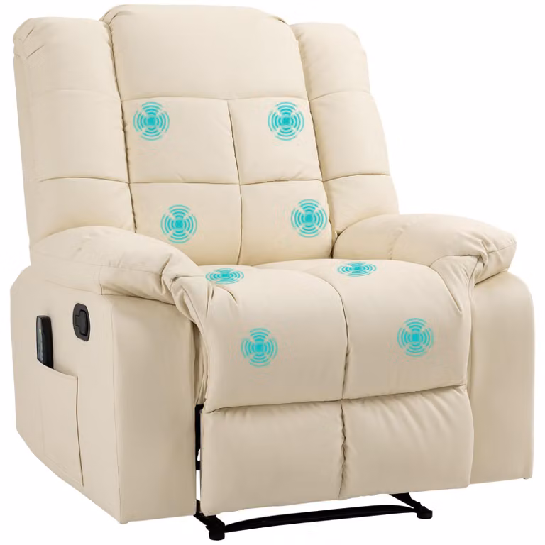 Poltrona massaggiante 700-124V91CW, poltrona relax, 8 punti di vibrazione, funzione reclinabile, pelle artificiale, bianco crema, 94 x 99 x 99 cm