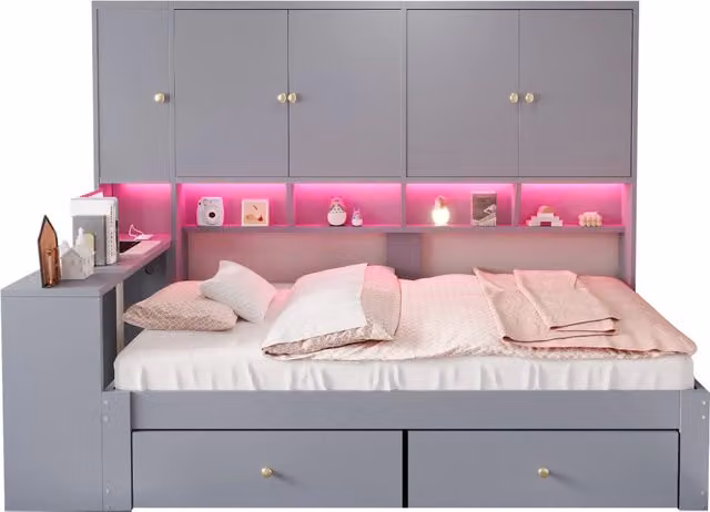 Letto singolo multifunzione 90x200 cm con scrivania; LED e prese; grigio