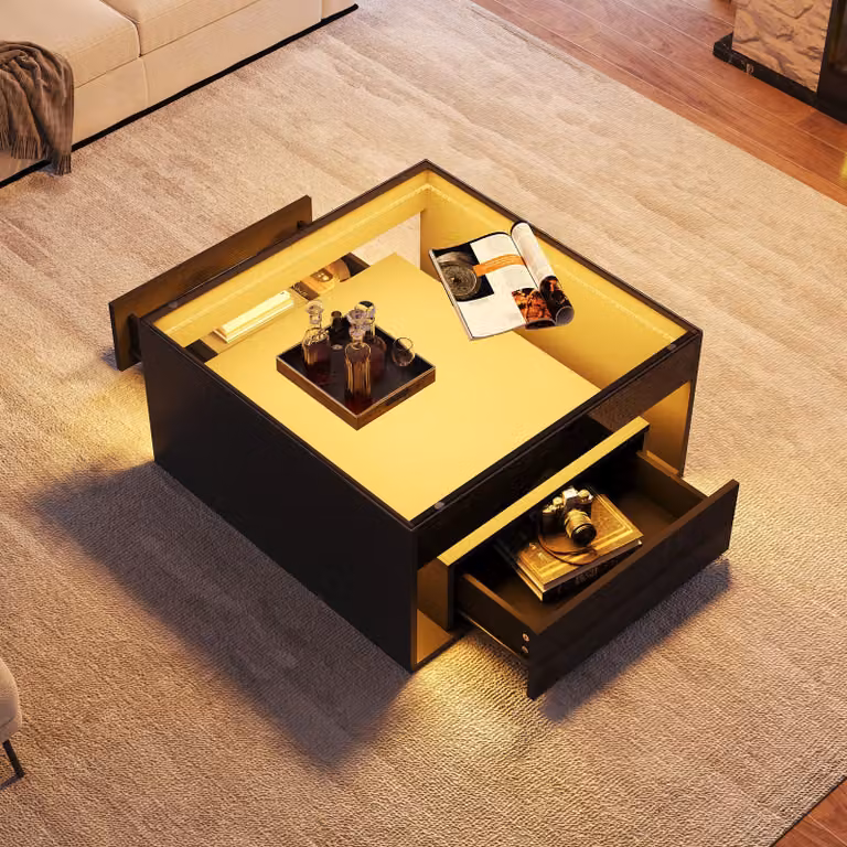 MODFU Tavolino nero, tavolino da salotto lucido con vano centrale aperto e 2 cassetti, tavolino da divano con LED e vetro temperato, 70 x 70 x 35 cm