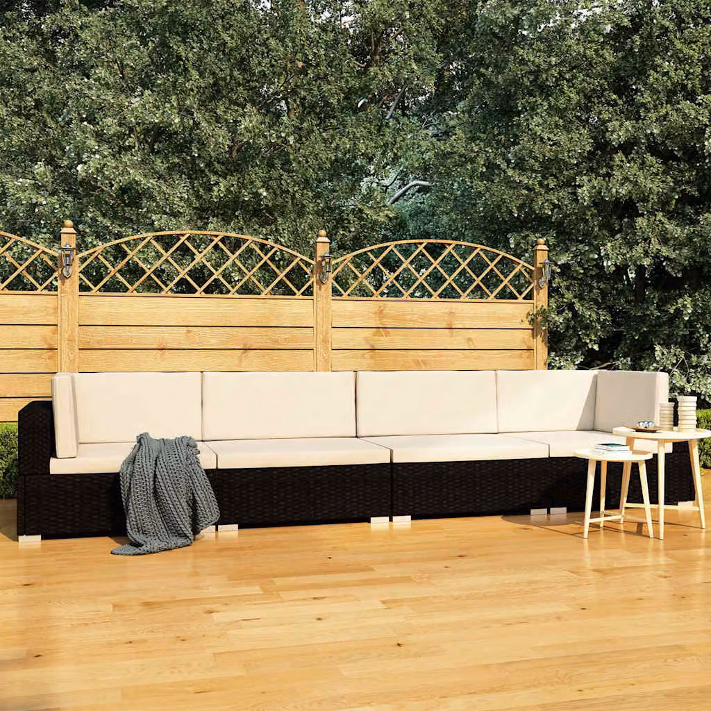 Set Divano da Giardino a L vidaXL in Polyrattan con Cuscini Imbottiti e Rivestimenti Rimovibili Nero e Bianco