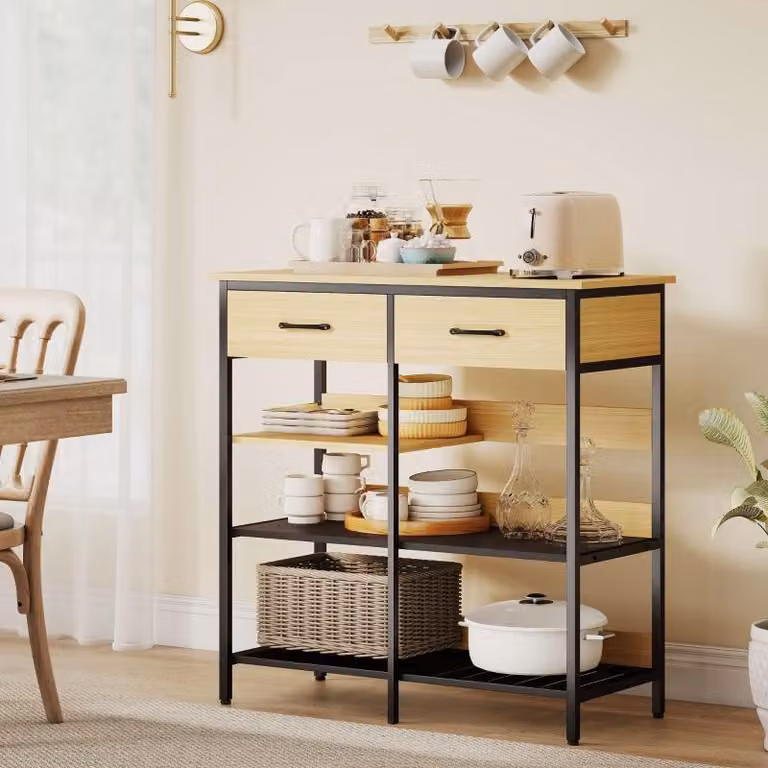credenza da cucina okwish con due cassetti e tre ripiani liberi, scaffale portaspezie in piedi con struttura in acciaio in look dogato, legno naturale