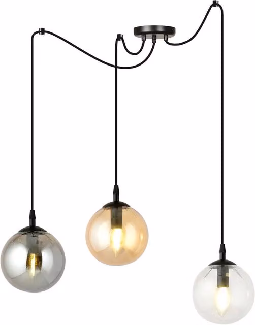 Lampadario a sospensione Luceart-Classic con 3 luci a sfera in vetro multicolor e struttura in metallo nero
