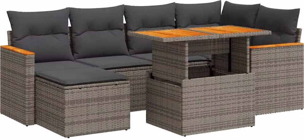 Set Divani da Giardino 7pz con Cuscini Grigio Polyrattan Acacia