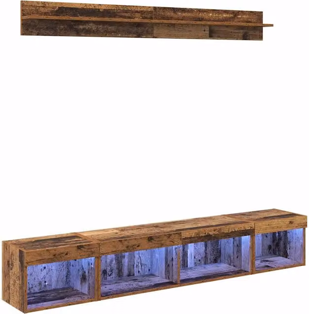 Set di 5 pezzi Mobiletto TV da parete con illuminazione LED integrata in legno color marrone stile moderno