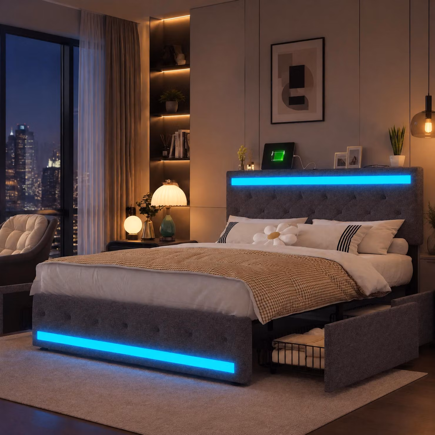 Letto imbottito 180x200 cm con caricabatterie USB, letto con spazio contenitore, struttura letto matrimoniale con rete a doghe, letto contenitore con LED e 4 cassetti, tessuto in lino, colore grigio