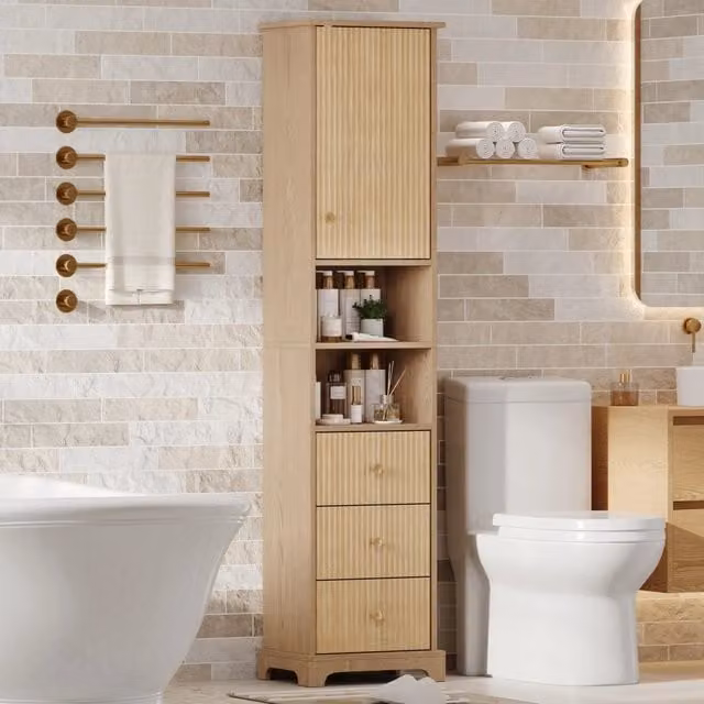 Mobiletto bagno alto 40x30x172 cm in MDF effetto legno naturale con 3 cassetti, vano a giorno e ripiano regolabile