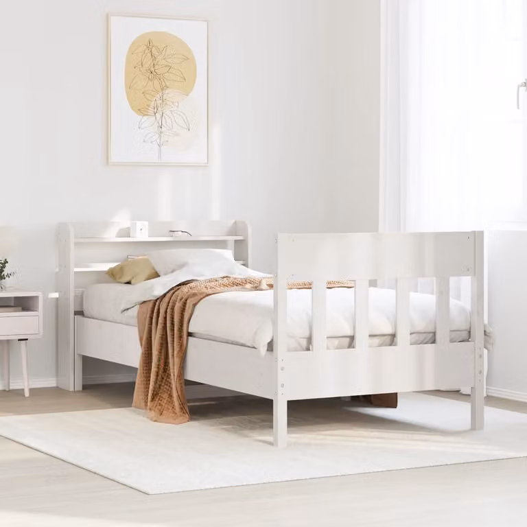 Letto singolo vidaXL in legno massello di pino bianco con doghe fisse e ripiani laterali 90x200 cm