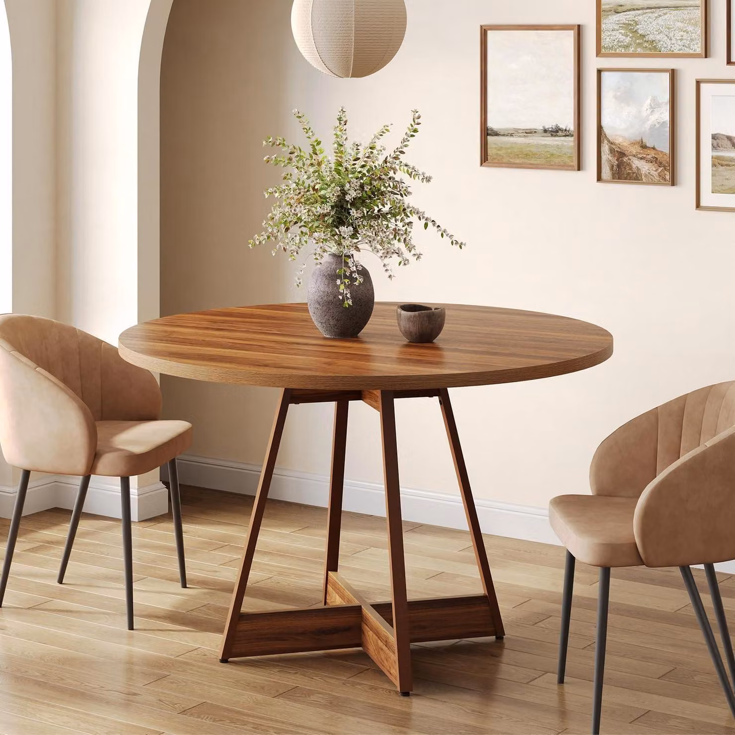 Tavolo rotondo da pranzo, diametro 100 cm, color marrone, in stile rustico, per 2-4 persone, con base a piedistallo