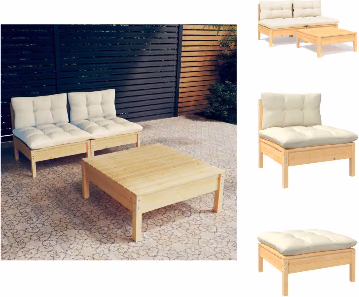 vidaXL Set di 3 pezzi da giardino con cuscini crema in legno di pino - Set di mobili da giardino