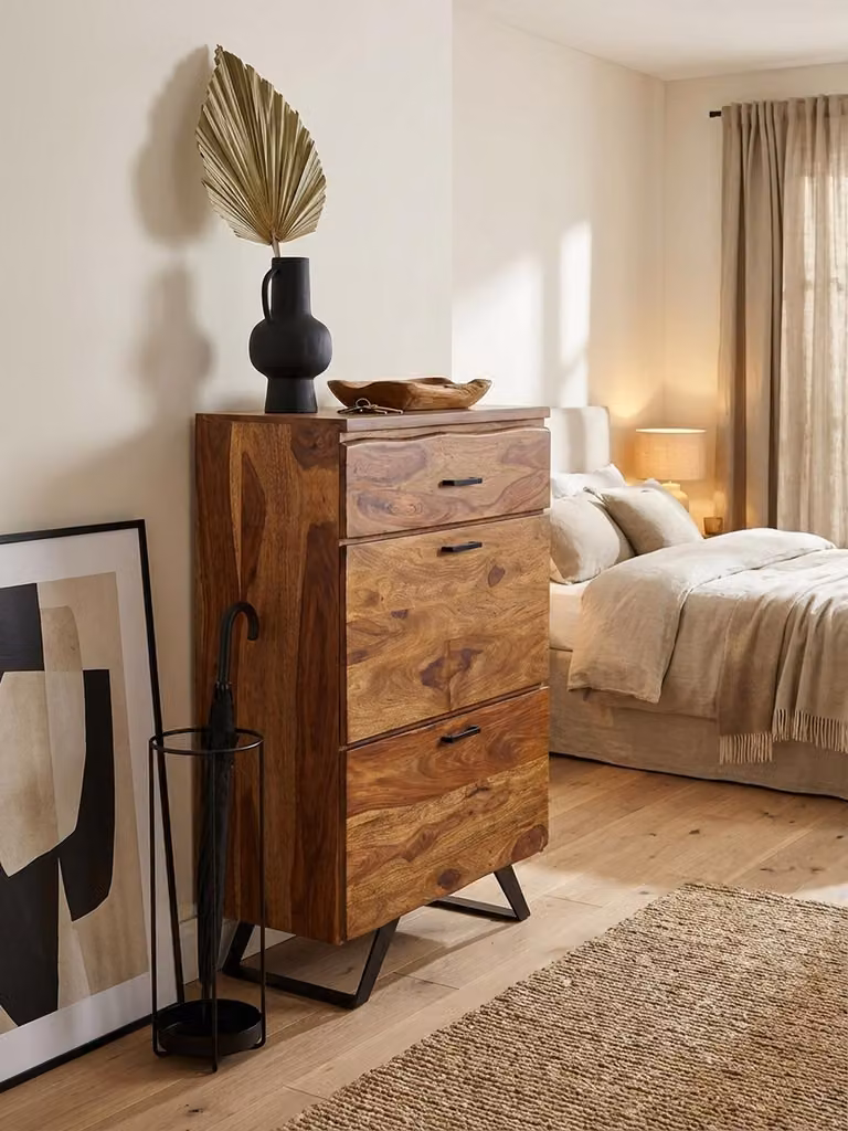 Comò 80x120x41,5 cm in legno massello di sheesham / metallo Comò da ingresso, credenza alta con bordo naturale, comò moderno in legno, armadio a colonna, credenza, cassettiera