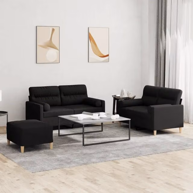 Set di divani da soggiorno vidaXL in tessuto nero con cuscini e struttura moderna – 1