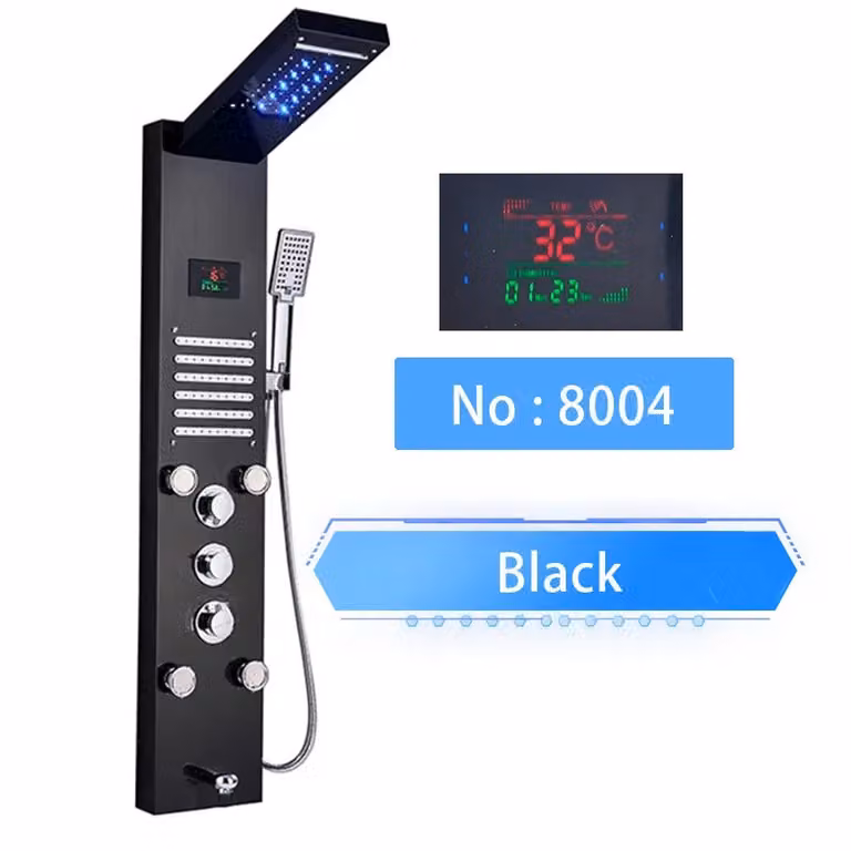 Pannello doccia a LED, display digitale della temperatura, installazione a parete, nero 8004