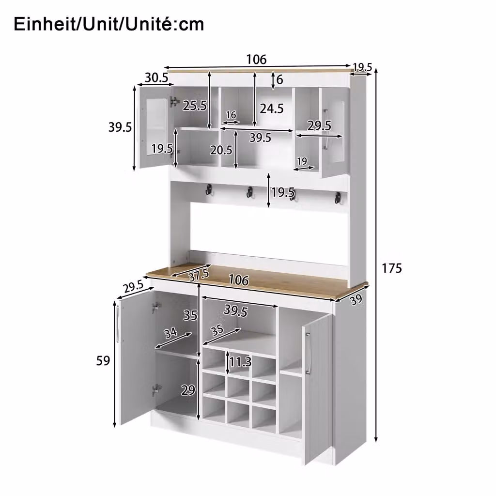 Buffet REDOM moderno in bianco e legno con ante in vetro, L: 106 cm, P: 39 cm, H: 175 cm – 2