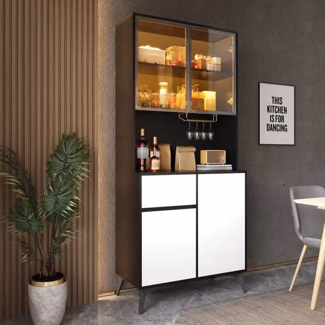 Credenza alta bianco e nero con luci LED e porta calici, vetrina moderna per soggiorno e mobile bar in MDF, L: 80 cm, P: 40 cm, H: 180 cm