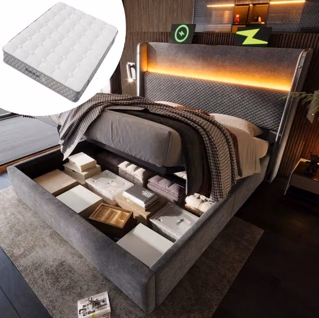 Letto matrimoniale 140x200 cm grigio effetto lino, LED USB e TypeC con vano contenitore e materasso, senza materasso