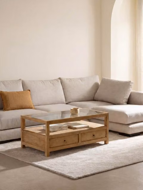 Tavolino rettangolare in legno di mango stile rustico Kenay Home colore beige e marrone L: 60 cm, P: 45 cm, H: 45 cm