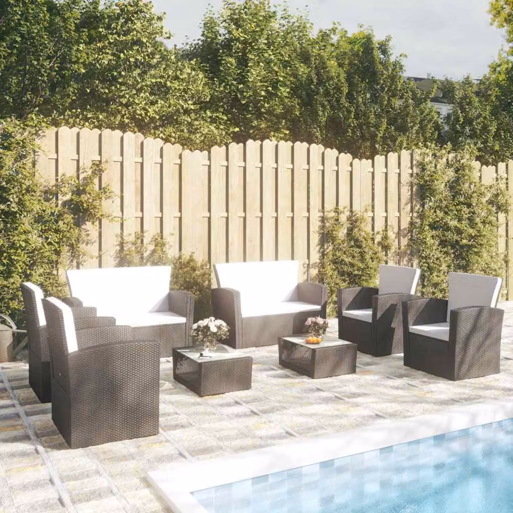 Set Divani da Giardino a L vidaXL 8 pz con Cuscini e Tavolino, Polyrattan Nero e Bianco con Struttura in Acciaio Verniciato a Polvere