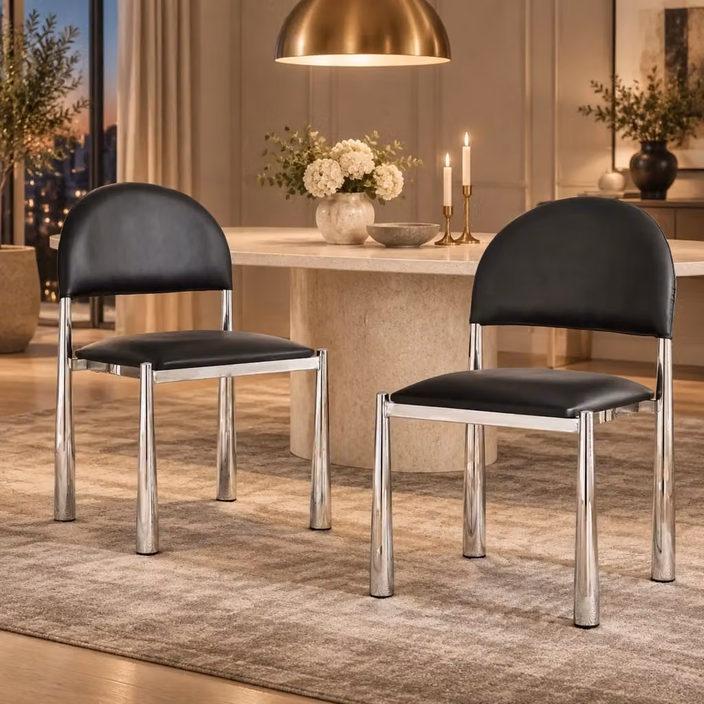 Set di 2 sedie da pranzo FOLYNA in similpelle nera con schienale semicircolare imbottito e gambe in metallo – 2
