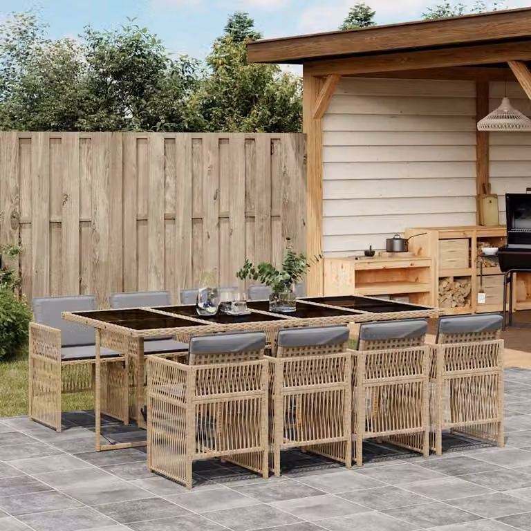 Set Pranzo da Giardino vidaXL 9 pz in Polyrattan con Cuscini Beige e Piano in Vetro