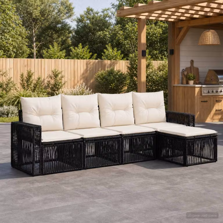 Set Divano da Giardino vidaXL 5 pz a Forma a L con Poltrona e Ottoman, Colore Nero e Bianco Crema, Struttura in Metallo e Polyrattan con Cuscini Imbottiti e Rivestimenti Rimovibili