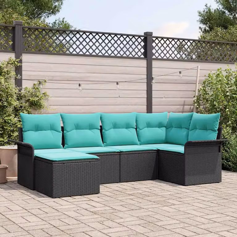 Set Divano da Giardino L Shape vidaXL a 6 posti con Cuscini in Polyrattan e Struttura in Metallo Nero e Blu