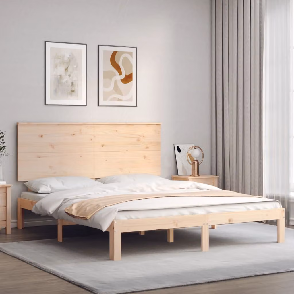 vidaXL Giroletto King Size in Legno di Pino Massello con Testiera, Marrone, L: 150 cm, P: 200 cm, H: 82,5 cm