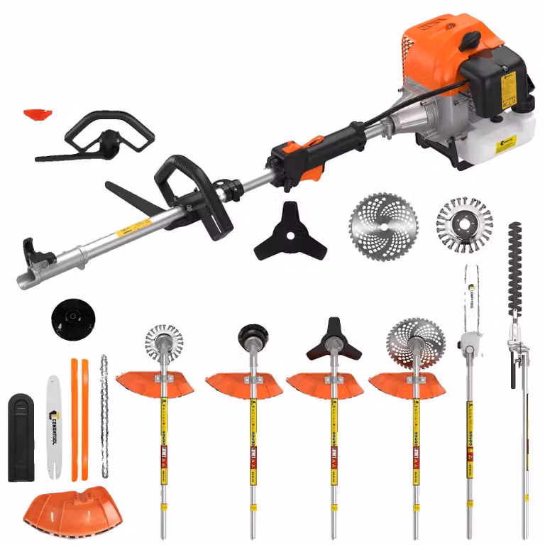 Tagliasiepi a benzina, utensile multifunzione 6-in-1, motore potente da 52cc, colore arancione, 6 funzioni