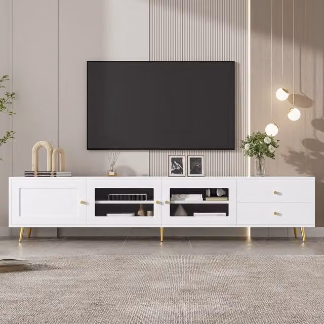 Mobile porta TV moderno OKWISH bianco con 2 cassetti, 2 ante in vetro e 1 anta per il tuo soggiorno, L: 170 cm, P: 40 cm, H: 28 cm