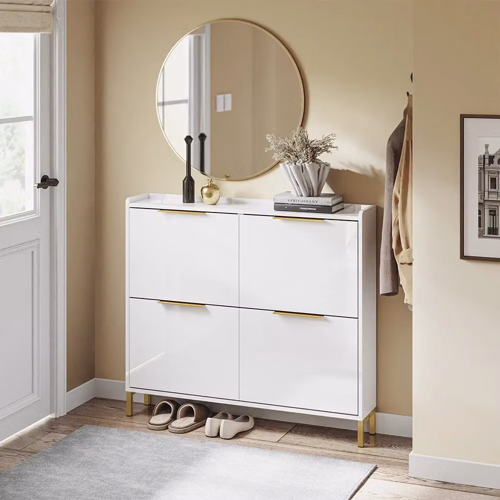 SoBuy FSR206-GW Scarpiera Salvaspazio Slim per Ingresso, Mobile Bianco con 4 Ante a Ribalta e Maniglie Dorate, Design Nordico Lucido, L 100 cm x P 19 cm x H 90 cm – 2