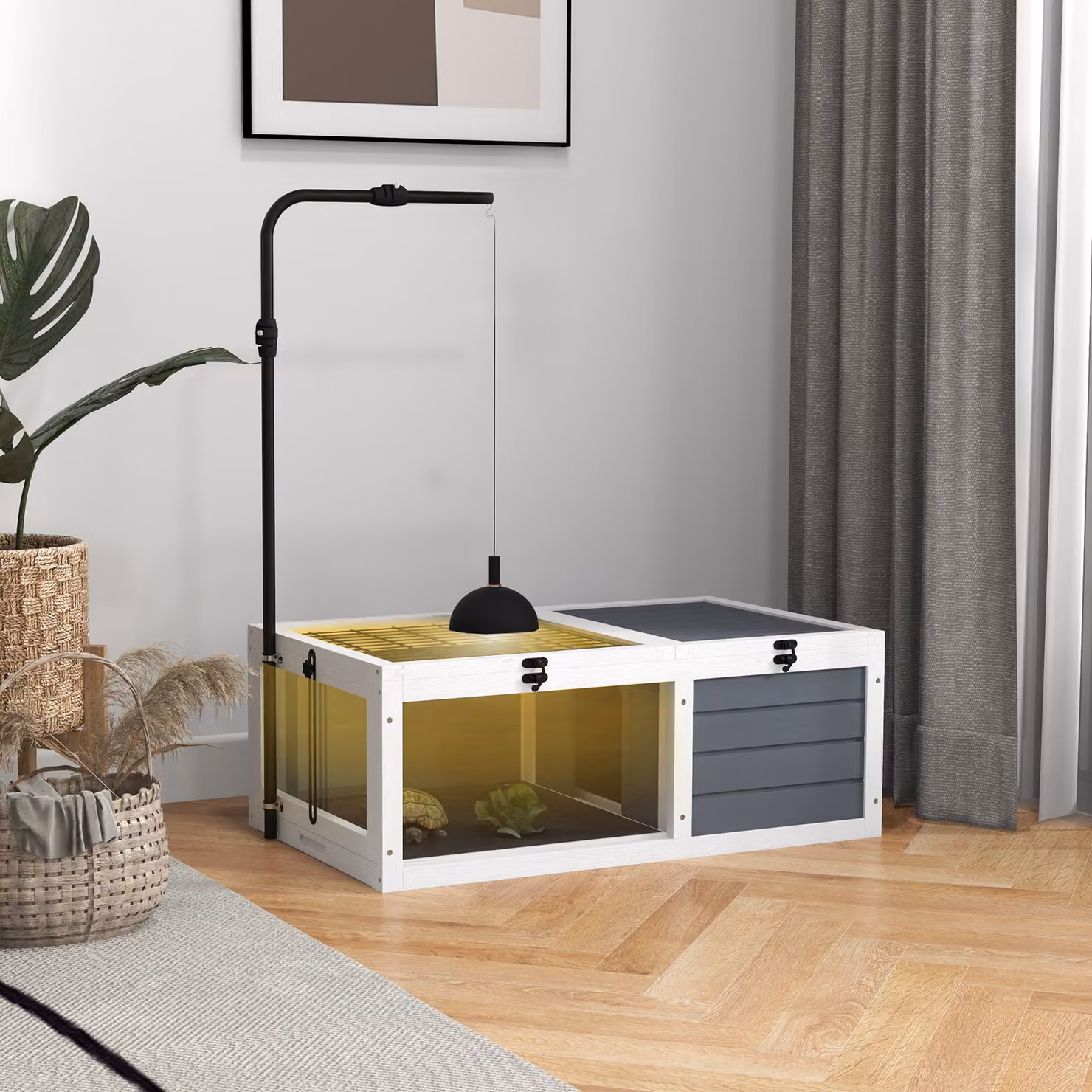 Casa per tartarughe in legno PawHut Aosom con 2 zone e supporto per lampada regolabile, Grigio, L: 81 cm, P: 48 cm, H: 31,5 cm – 2
