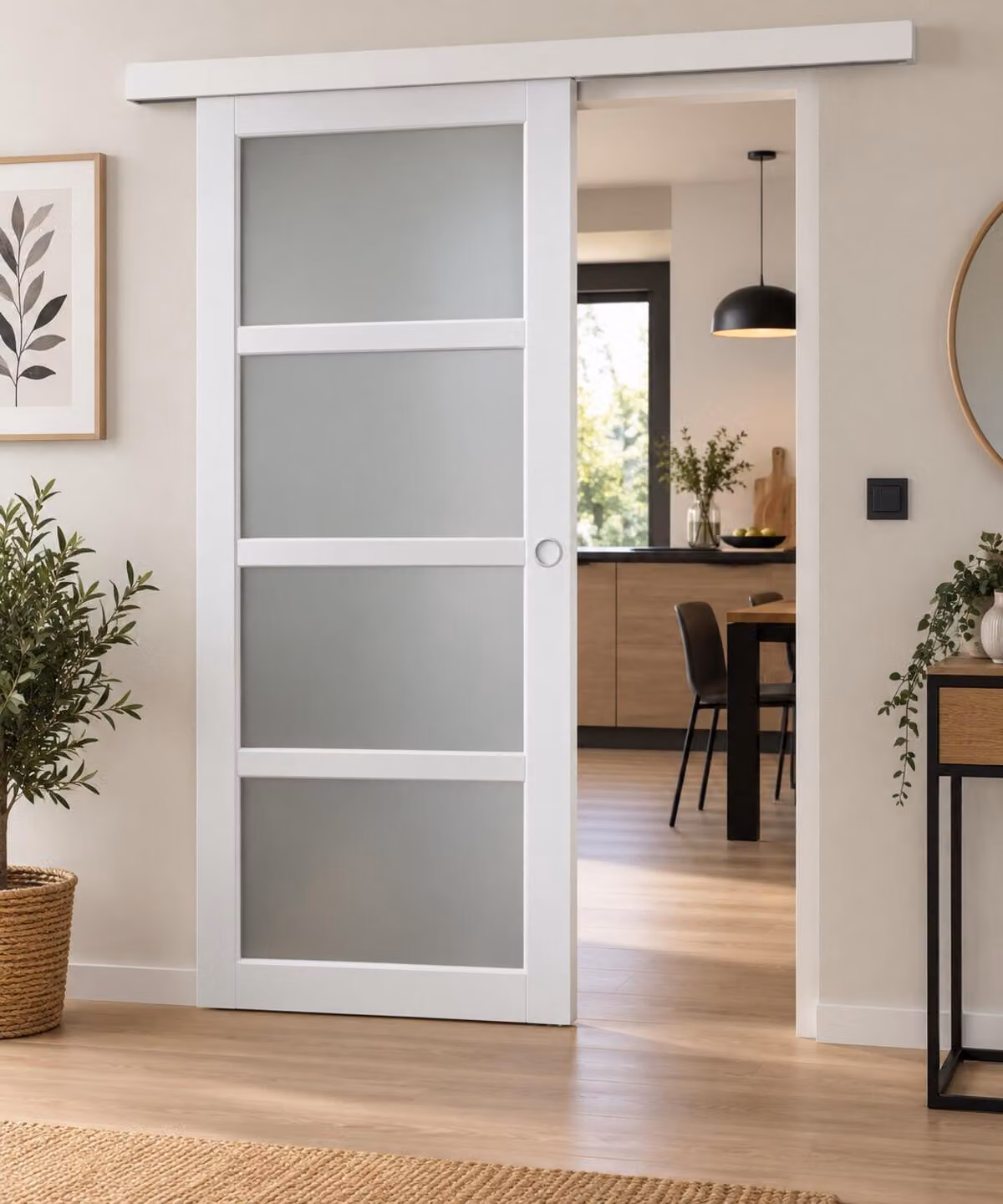 Porta scorrevole Tana bianca con vetro H204 x L83 cm, binario in alluminio bianco, conchiglie bianche GD MENUISERIES