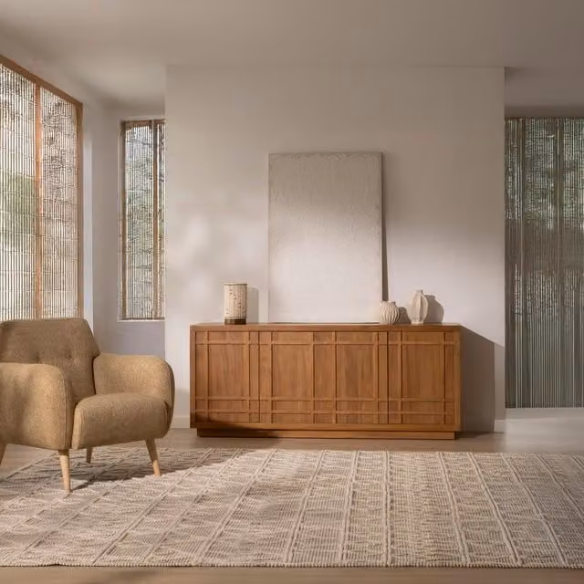 Credenza Banak in legno di acacia e MDF marrone per soggiorno e sala da pranzo