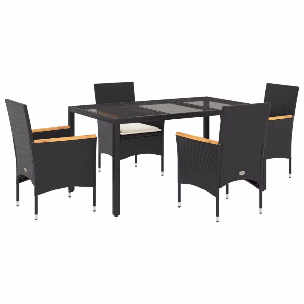 Set da Pranzo da Giardino Moderno vidaXL in Polyrattan e Legno di Acacia con Piano in Vetro e 5 Cuscini, Bianco e Nero, L: 150 cm, P: 90 cm, H: 75 cm – 2