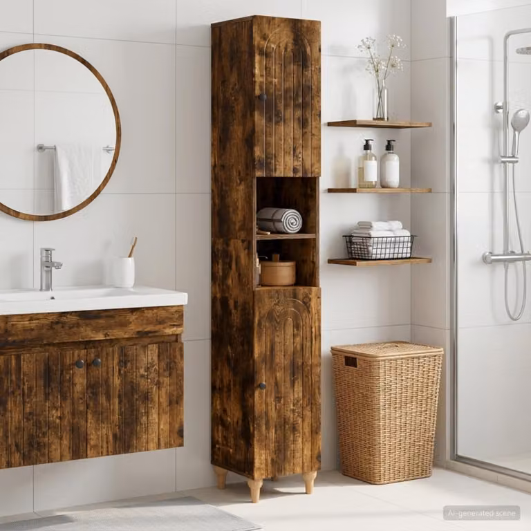 Armadio da Bagno Moderno vidaXL ALKMAAR Rovere Fumo e Nero con Ripiano Aperto e Ante a Battente