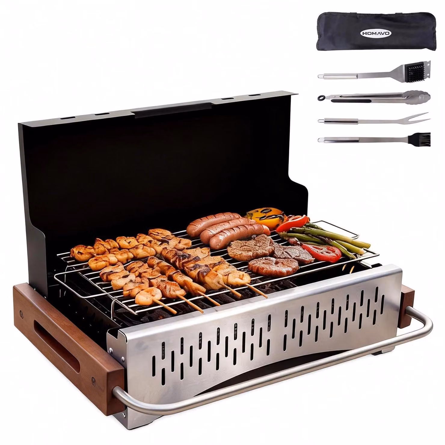 Barbecue a carbonella portatile - Barbecue da tavolo compatto - Per 1-4 persone - Pieghevole - Per campeggio, picnic, giardino - Con set di attrezzi